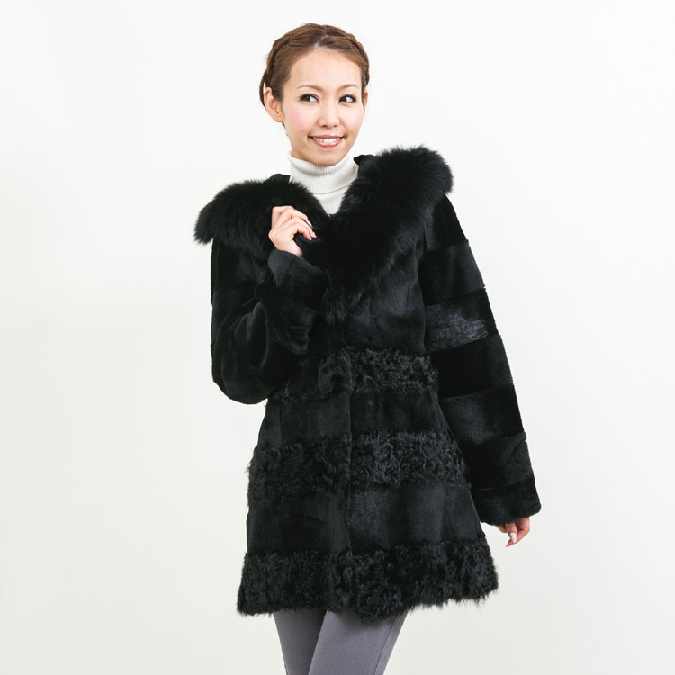 ラビット カルガンラム ファー コート フォックスフード付 ブラック 送料無料 レディース ギフト プレゼント 140,000円