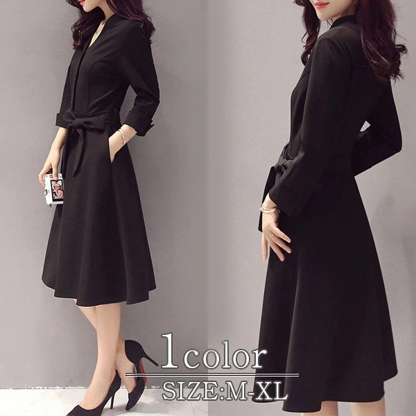 1color フェミニン ブラック ワンピース お呼ばれ きれい目 Vネック ワンピース ミディアム丈 ひざ丈 7分丈 レディース メール便送料無料