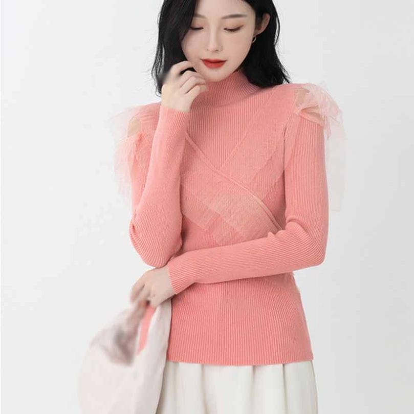 クーポン レース付き ニット レディース ハイネック セーター 長袖 タイト ニットセーター トップス シルエット ストレッチ 高伸縮 ニットソー 薄手 カットソー シンプル 無地 インナー 肩出し