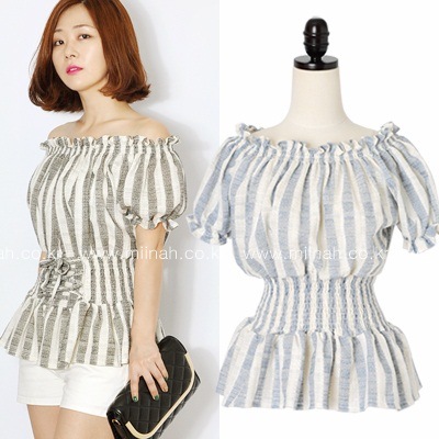 かわいいオフショルダーブラウス/コルセットブラウス/肩ひらき/ストライプ