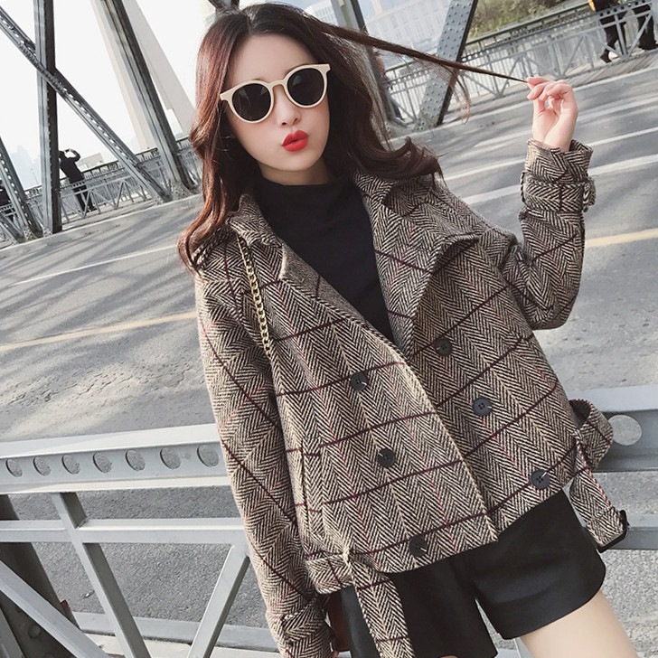 大人気 上品 コートピーコート レディース 秋冬 ジャケット アウターコート レディース ショート丈コート チェック柄 ピーコート キャメル カジュアル 通勤 着痩せ 6,093円