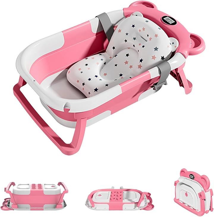 ベビーバス 折りたたみ 湯温計付き 滑り止め バスクッション付き 簡易収納 赤ちゃん お風呂 浴槽 バスタブ 沐浴 シンク 新生児 0～36ヶ月(ピンク)