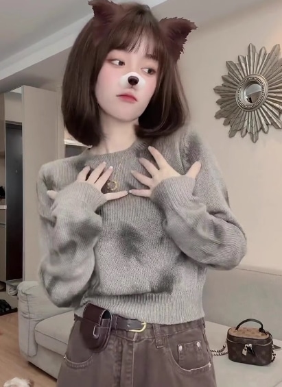 レディース トップス ニット セーター プルオーバー ショート 長袖 萌袖 クルーネック 襟なし ノーカラー スリム 細身 中厚手 ニット 大人可愛い こなれ感 ラフ クール モード系 モダン 春 冬