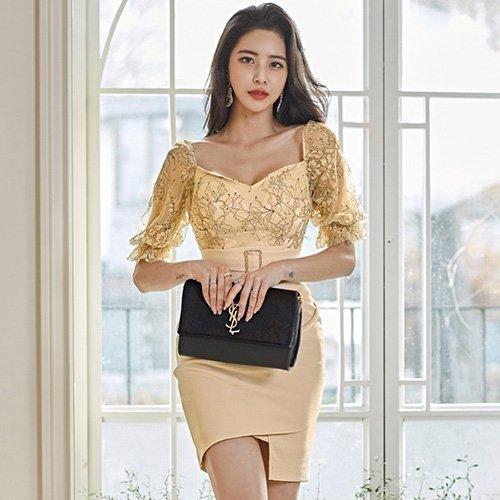 キャバドレス ナイトドレス ミニドレス パフスリーブ ハイウエスト タイト ベアワンピ ウエストマーク レース レディース アイボリー グラシア