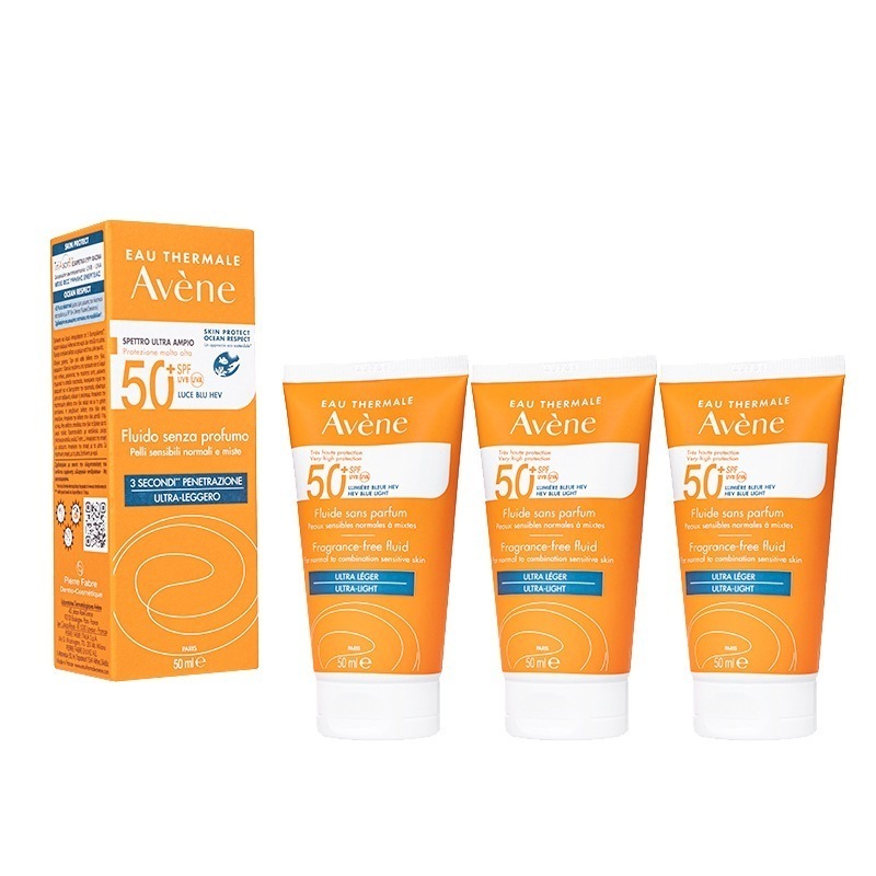 アベンヌ フレグランスフリーフルイド SPF50+ 50ml 3本 Avene 顔用日焼け止め ノンコメド処方 無香料 敏感肌 メイク下地 海外発送　国際書留郵便 日時指定不可