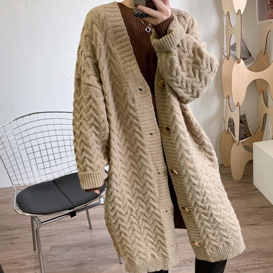 ケーブル編みニットカーディガンロングレディースファッショントップスパーカー