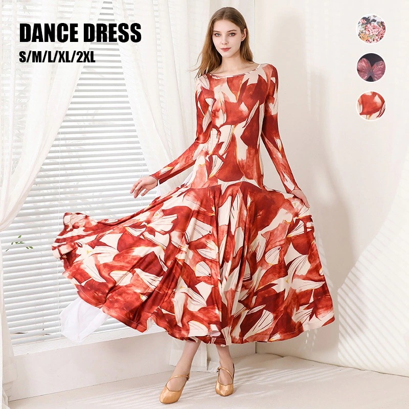 社交ダンス ダンス服 ダンスドレス ワルツ 総柄 花柄 おしゃれ 豪華 大きい裾 ひらひら付き ホワイト レッド ブラック 長袖 舞踏会 ステージ 忘年会 イベント パーティ 発表会 祭り S M L
