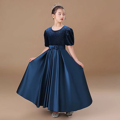 ピアノ発表会 ドレス 中学生 ワンピース ジュニアドレス ミモレ丈 シンプル 子供ドレス ネイビー ブラック 黒 お姫様 着やせ エレガント 女の子 ワンピース ネイビー ロングドレス ミモレ丈 中学生 発表会 子供