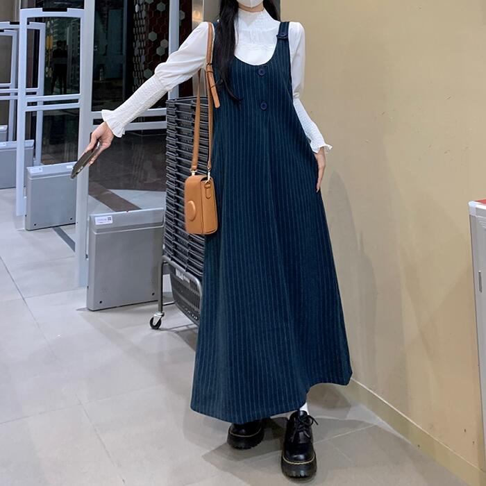 ワンピース ワンピ ドレス ジャンパースカート レイヤード ストライプ レディース エレガント きれいめ カジュアル 大人 可愛い フェミニン ノースリーブ ロング丈 重ね着 青 ブルー オールシーズ