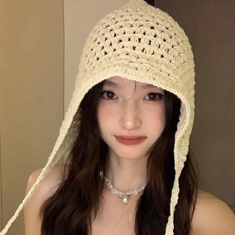 ニット帽 レディース 夏 帽子 ボンネット バブーシュカ 三角巾 紐付き かぎ編み 通気性 普段使い 旅行 韓国 おしゃれ アイボリー 黒