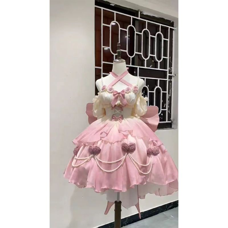 グラデーションピンク ライトフラワー ウェディング 中抜き フロントショート バックロング ロリータ 微ラメ ロスカート ふっくら重工業 プリンセススカート ロリータ 女性