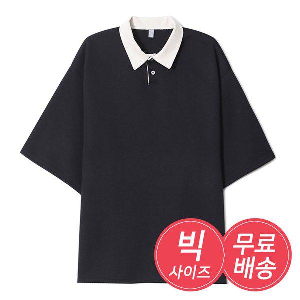 メンズ オーバーサイズ ソリッドカラーカラーネック半袖Tシャツ AC-KAH-Q006-ブラック