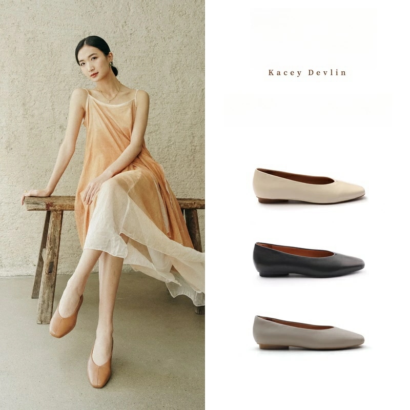 お見逃しなく本革 フラットシューズ レディース キャメル ブラック グレー ベージュ 22.5cm～25.0cm 柔らかい羊皮 スクエアトゥ カジュアル フォーマル【KACEY DEVLIN】