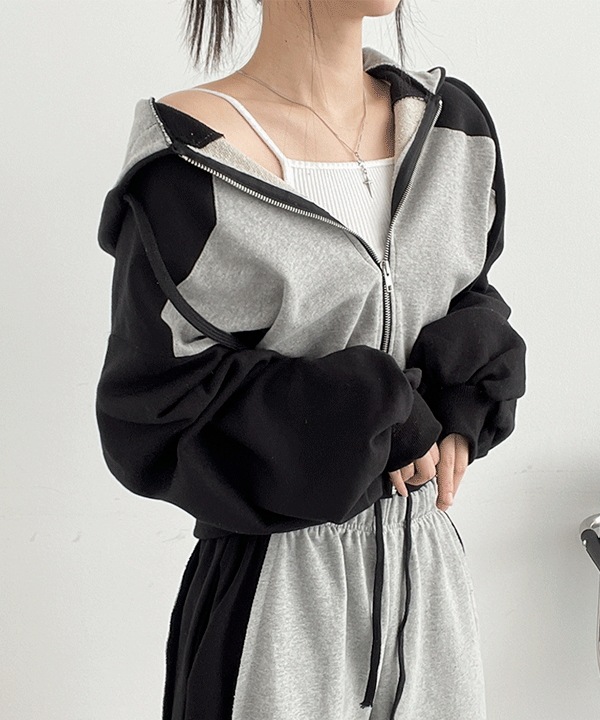 [ビッグサイズ] スター オーバーフィット 半クロップ 配色 パーカージップアップ(3color)