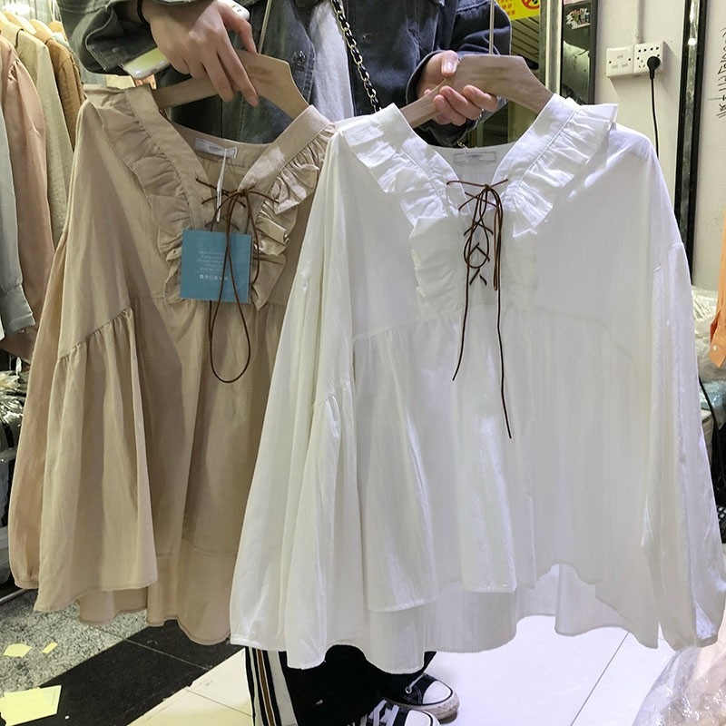 【1つ買うと10つ無料】ファッション架橋の綿のシャツと耳を込めた縛られたネックラインは女性の人スタイルのためのルーズな人形シャツの