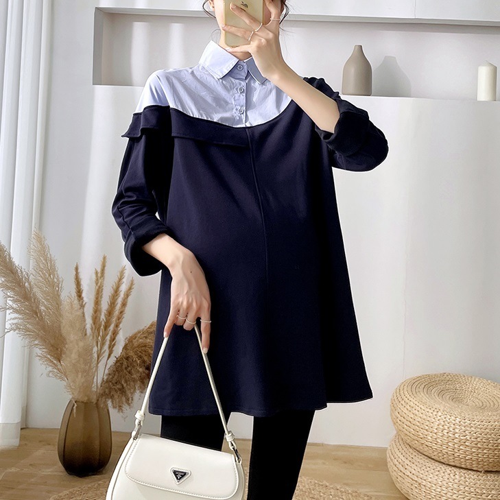 【日本未発売/送料無料】マタニティ シャツ トップス ブラウス 襟付き 長袖 バイカラー