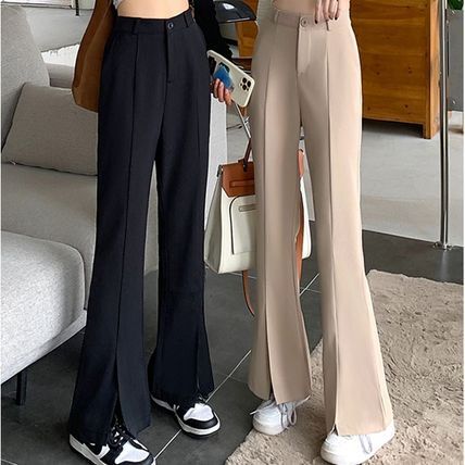 スラックス フロントスリット フレア センタープレス 無地 ロング パーティースタイル ホームパーティーアイテム オフィススタイル センタープレスパンツ エレガントスタイル カジュアルスタイル カーキ