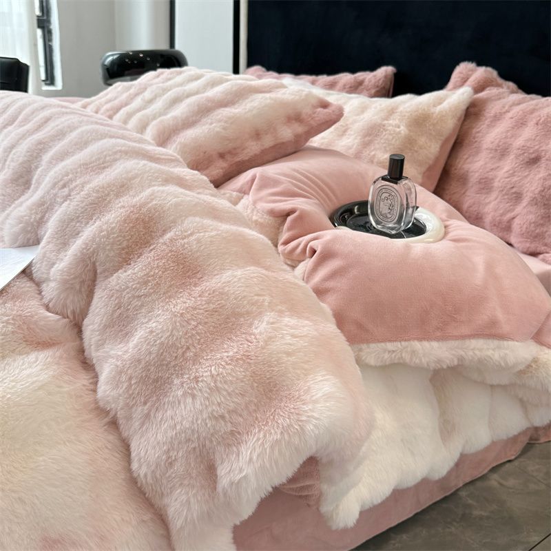 クラスaカラフルなウサギのぬいぐるみミルクベルベットベッド4点セット厚みのある両面コーラルベルベットフランネルシーツキルトカバー冬