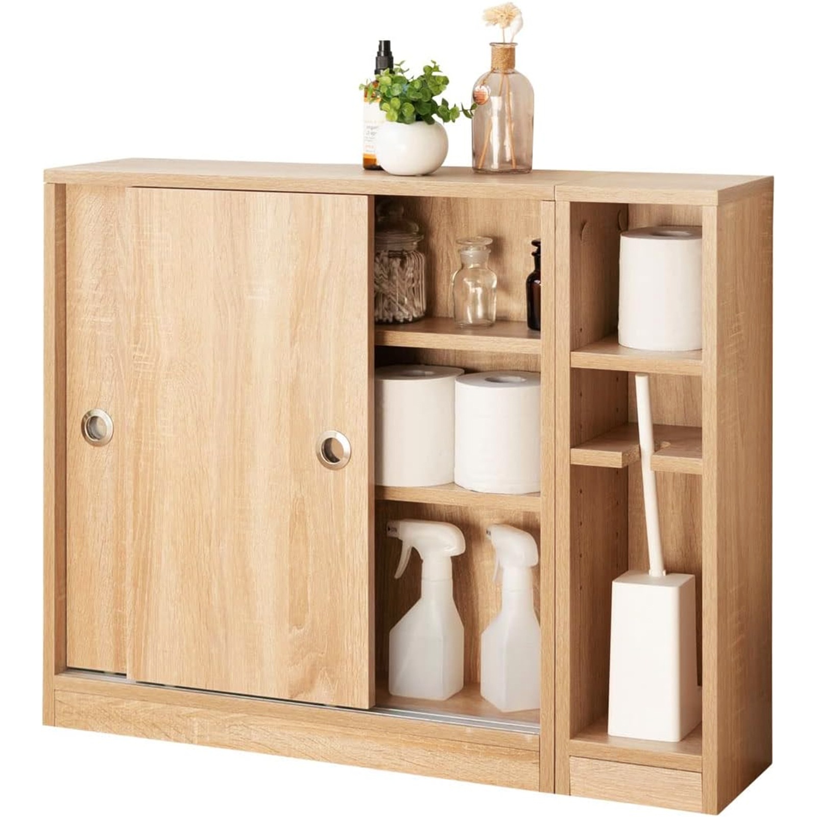 トイレスリムラック ナチュラル 約幅77×奥行17×高さ60cm トイレ ラック 棚 収納 スリム 可動棚 サイドラック付き