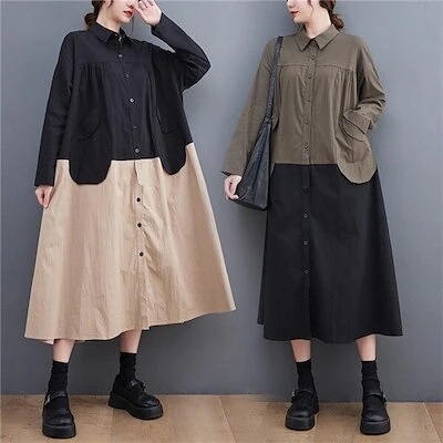 ロングワンピース 前開き 長袖 折り襟 切り替え ボタン留め レディース 春春冬春春冬春 オーバー 大きいサイズ