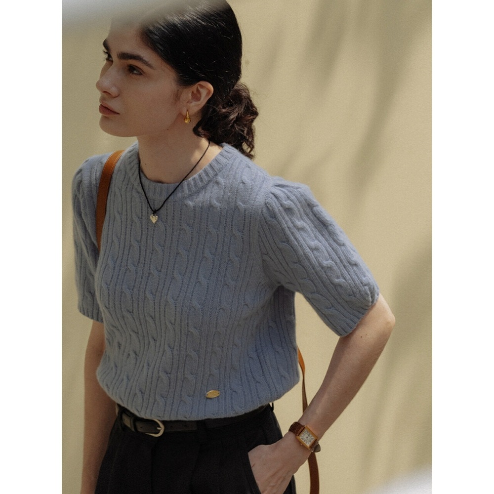 TILLIDIE ラクーンシャーリングケーブルニット ブルー