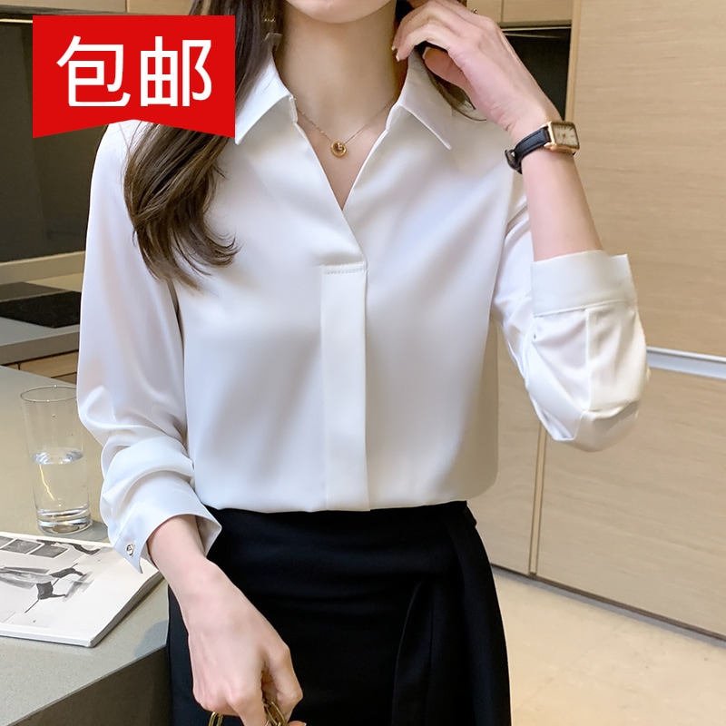 白いシャツの女性2021年秋の長袖シンプルな気質カジュアルルーズで薄いシフォンシャツ 素晴らしい外見 売れ筋がひ新作！