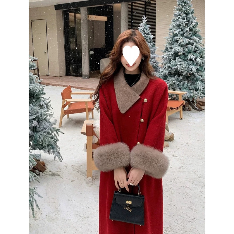 赤いクリスマスコートオーバーシャツウールコート女性用ルーズミドル丈気質コート40