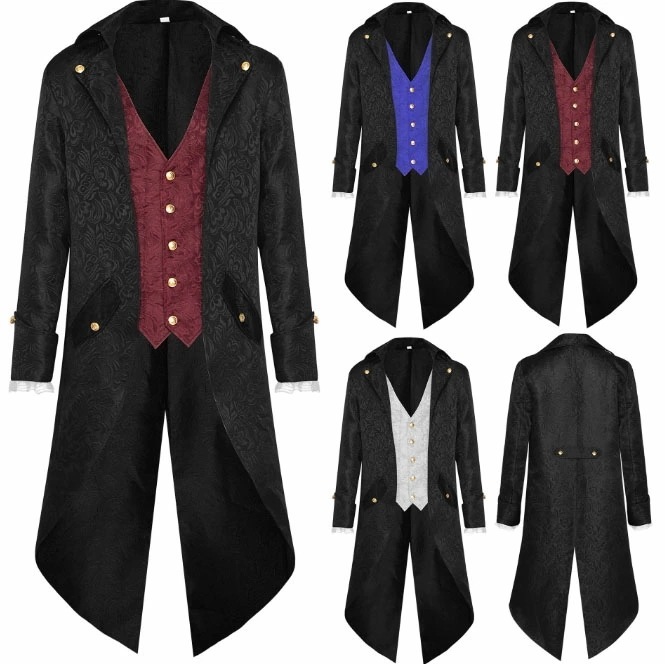 迅速な出荷 メンズ タキシード コスプレ衣装 レイヤード着風 色切替 花柄型押し ブラック 暗黒 男性 欧米 中世期 貴族 海賊 パンク風 ロング丈 ミモレ丈 コート 袖口にレース 燕尾服 ジャケット