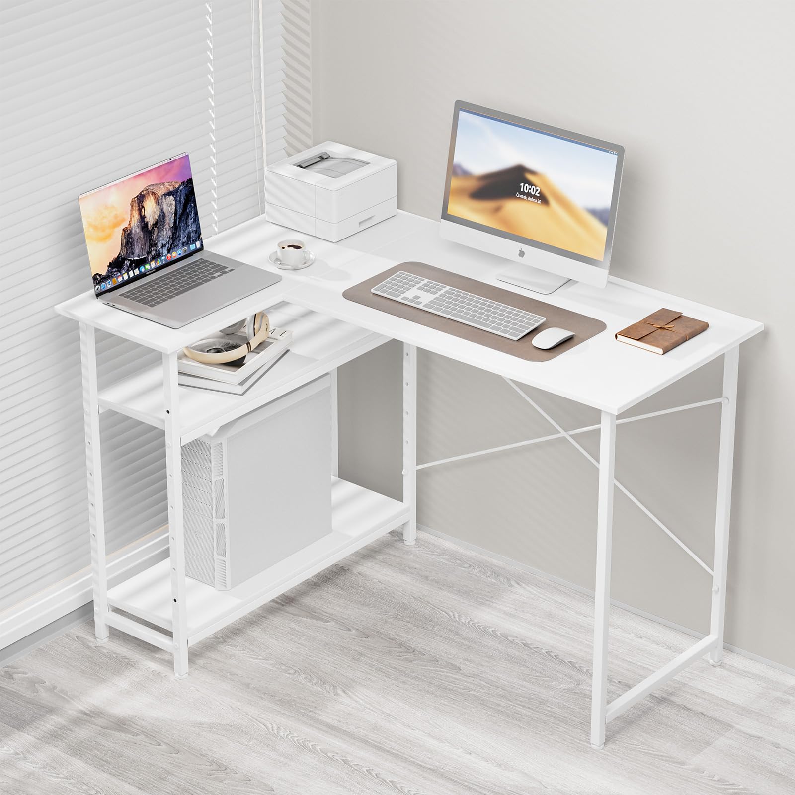 MIYOKI L字デスク パソコンデスク 幅110×奥行48×高さ75cm 左右入替え PCデスク l字型 コーナーデスク ゲーミングデスク 収納ラック付き 棚板高さ調節可能 テレワーク 在宅勤務 学