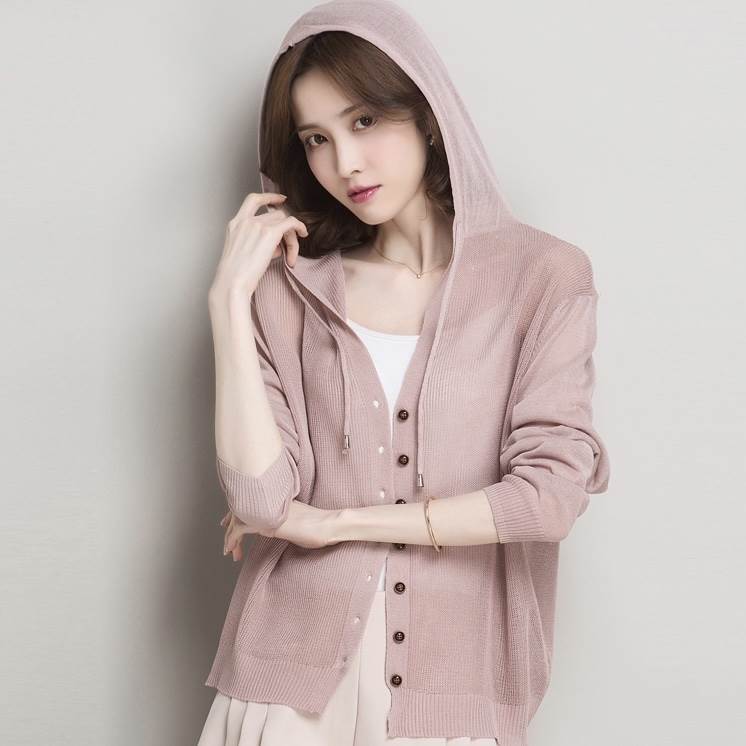 トップス カーディガン ショート丈 袖あり 長袖 襟なし ルーズ フード付き 前開き 透け感 薄手