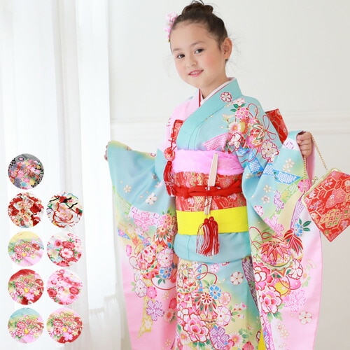七五三 着物 7歳 フルセット 販売 選べる9柄 七歳用七五三四つ身絵羽柄着物１６点セット 染色加工は日本製レンタルよりお得かも ピンク 鞠 購入 絵羽柄 絵羽模様 女の子 七五三参り 雛祭り 結婚