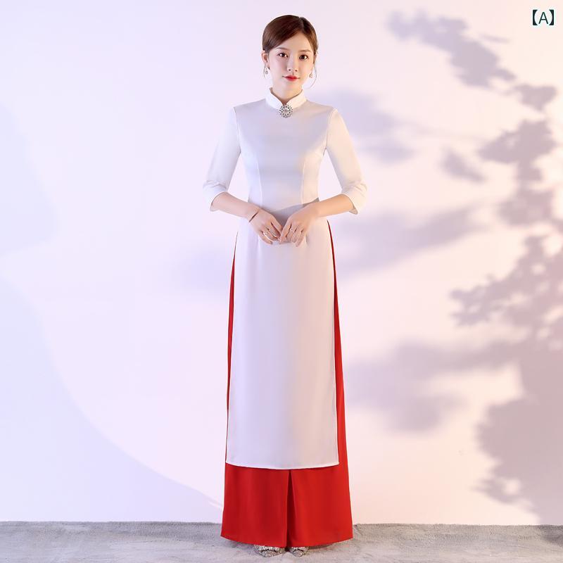 アオザイ チャイナドレス 衣装 レディース おしゃれ ワイド パンツ ホワイト レッド ブラック 上下 セット 七分袖