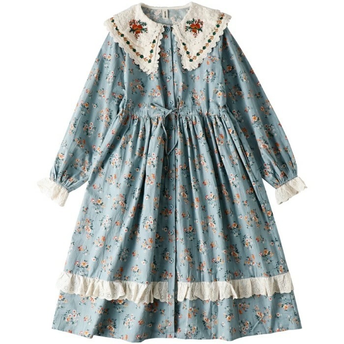 【急速出荷】ロングワンピース 春 夏 秋 ワンピース 長袖 可愛い ゆったり レディース フリル 前開き 綿麻 ビッグカラー 折り襟 刺繍 レース 前開き 羽織り 重ね着