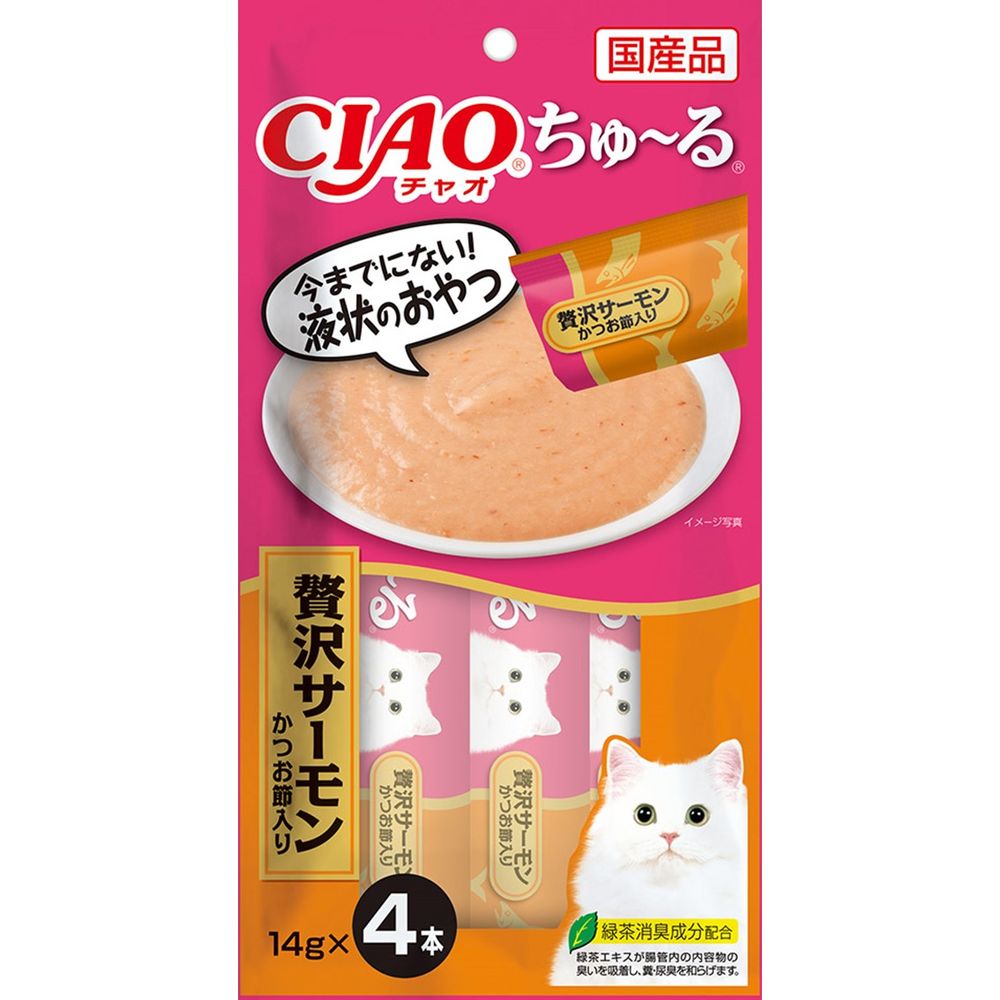 （まとめ買い）いなばペットフード CIAO ちゅる 贅沢サーモン かつお節入り 14gx4本 猫用おやつ [x20]おやつ