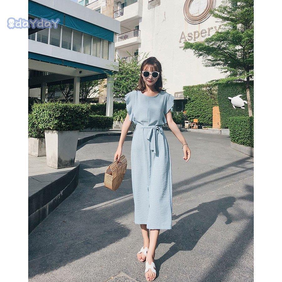 ワンピース レディース ロングワンピース マキシワンピース ロング丈 マキシ丈 ストライプ柄 半袖 ロング 無地 体型カバー 付き スリット