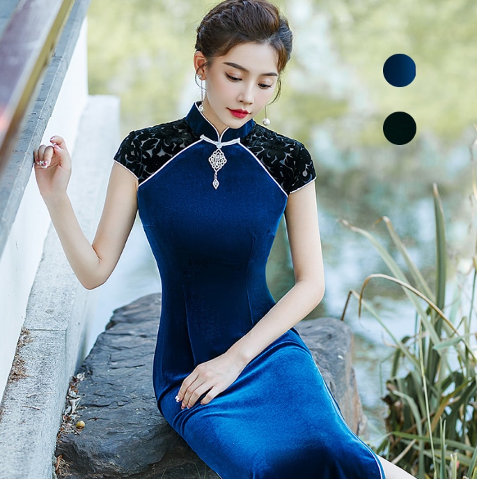 ロング チャイナドレス ベロア 半袖ドレス マキシ丈 チャイナ服 パーティードレス スリット入り 背中ジャカード 中華風 ドレス 発表会 謝恩会 花嫁 中華風ドレス お呼ばれ 中華服