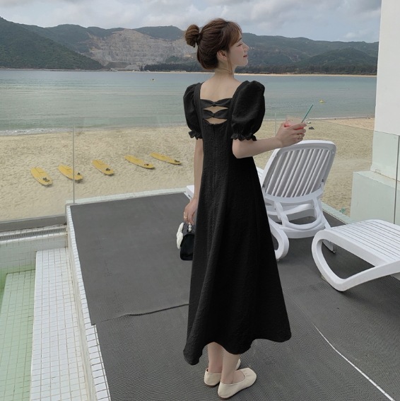 ワンピース ワンピドレス ロング丈 袖あり パフスリーブ 半袖 襟なし フレア デザイン 美ライン ニュアンス バックリボン カラバリ かわいい 大人可愛い きれいめ シンプル カジュアル 大人 上品