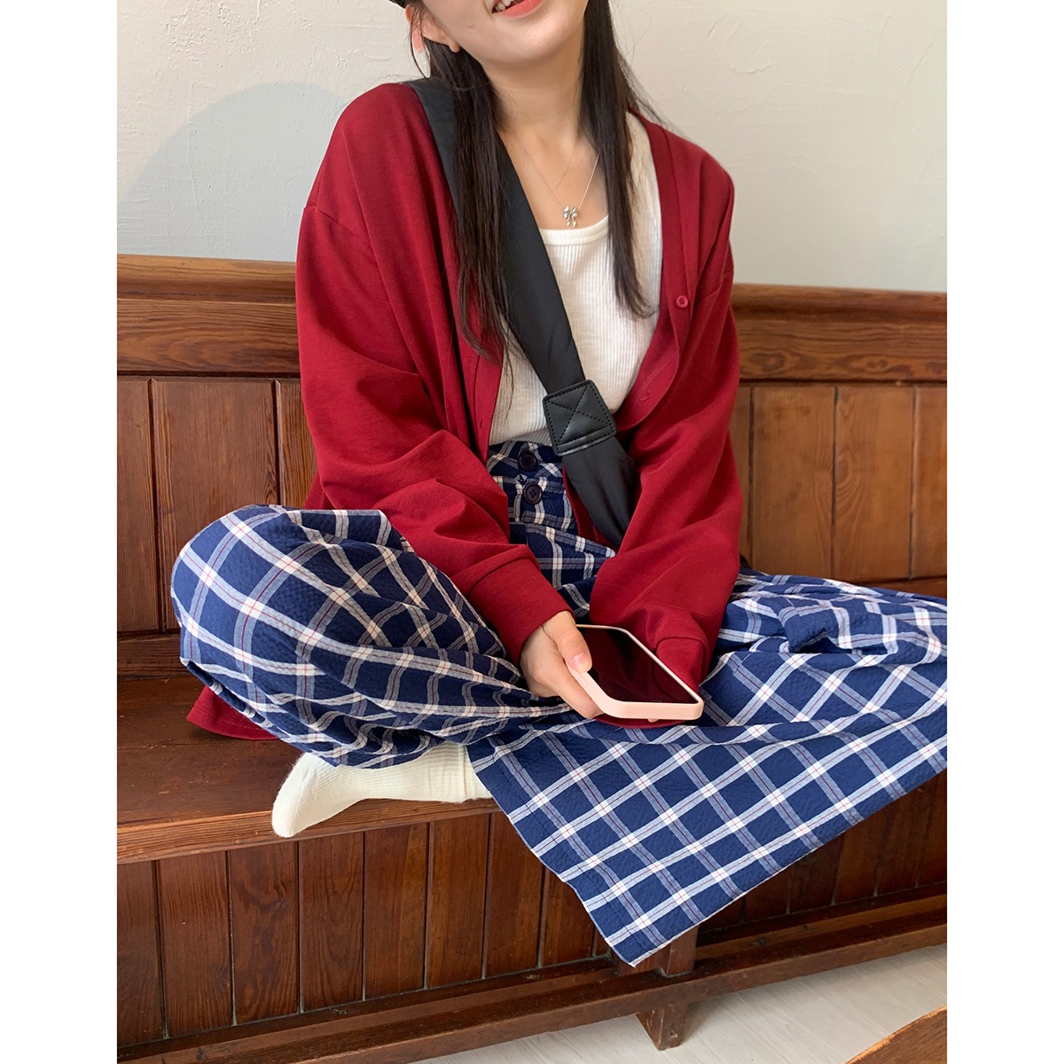 韓国ハイウエストチェック柄パンツ2024秋デザインカジュアル万能パンツレディース