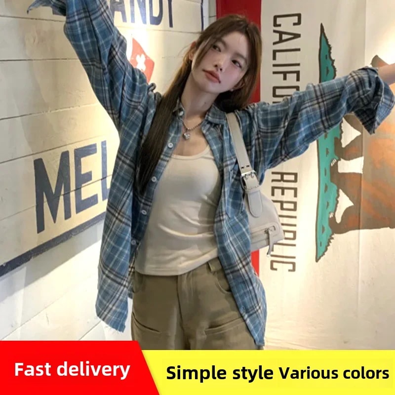 女性用ヴィンテージフリンジシャツ,破壊された青い市松模様のシャツ,長袖,アメリカンスタイル,ルーズフィット,カジュアル,ノースリーブベスト,ブラウス - 200000345