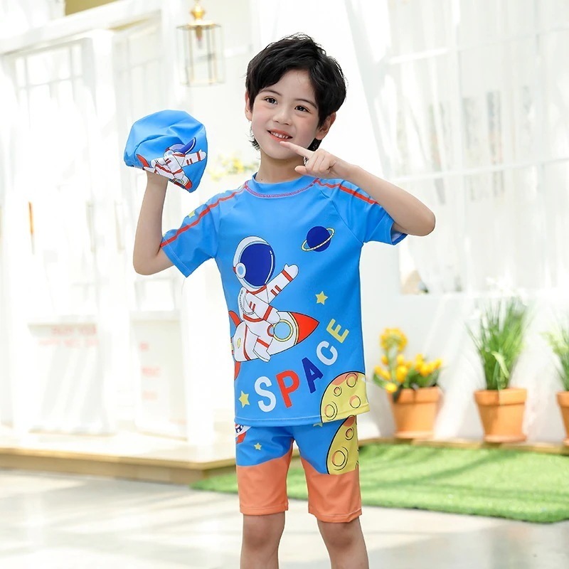 (2024NEW)子供用水着男の子2024新しいスプリットスペーサー小中大子供用速乾性日焼け止め水着とトランクスセット