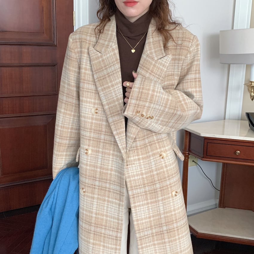 アウター コート ロングコート チェック柄 襟付き ボタン 長袖 ダブルブレスト カジュアル