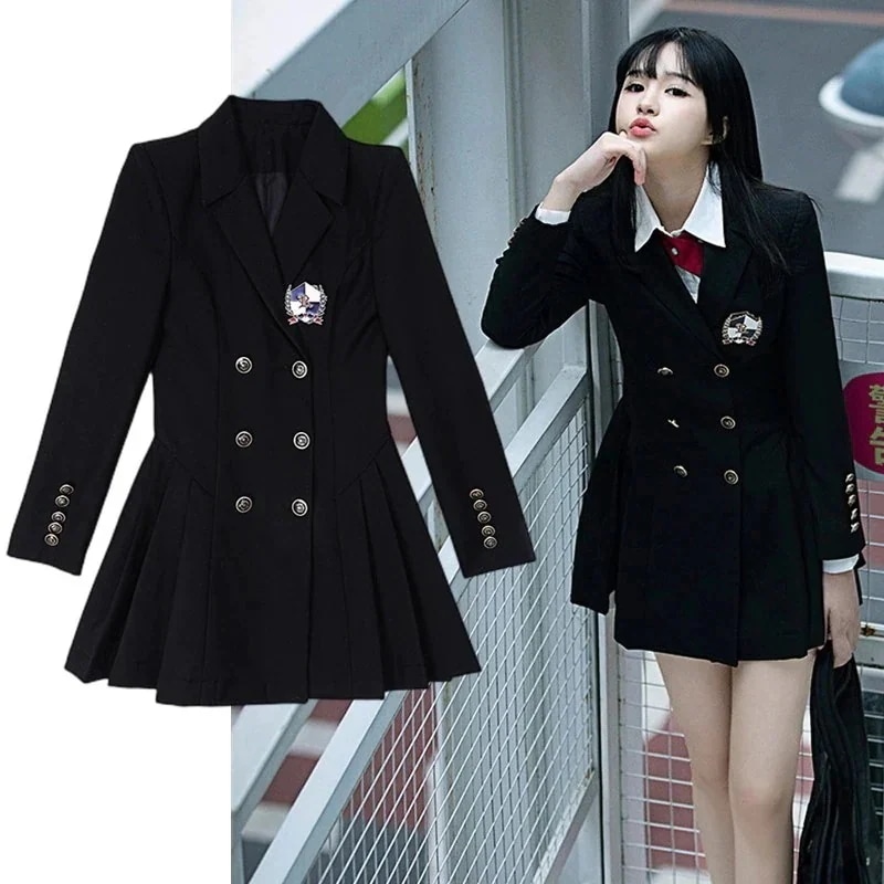 「JK.STYLE」 スーツワンピ JKワンピース 制服 春秋冬 女子学生 ダブルブレスト ショートワンピース 一体式 長袖 バッジ付き スーツ シャツは店で内購入可能 ドレス