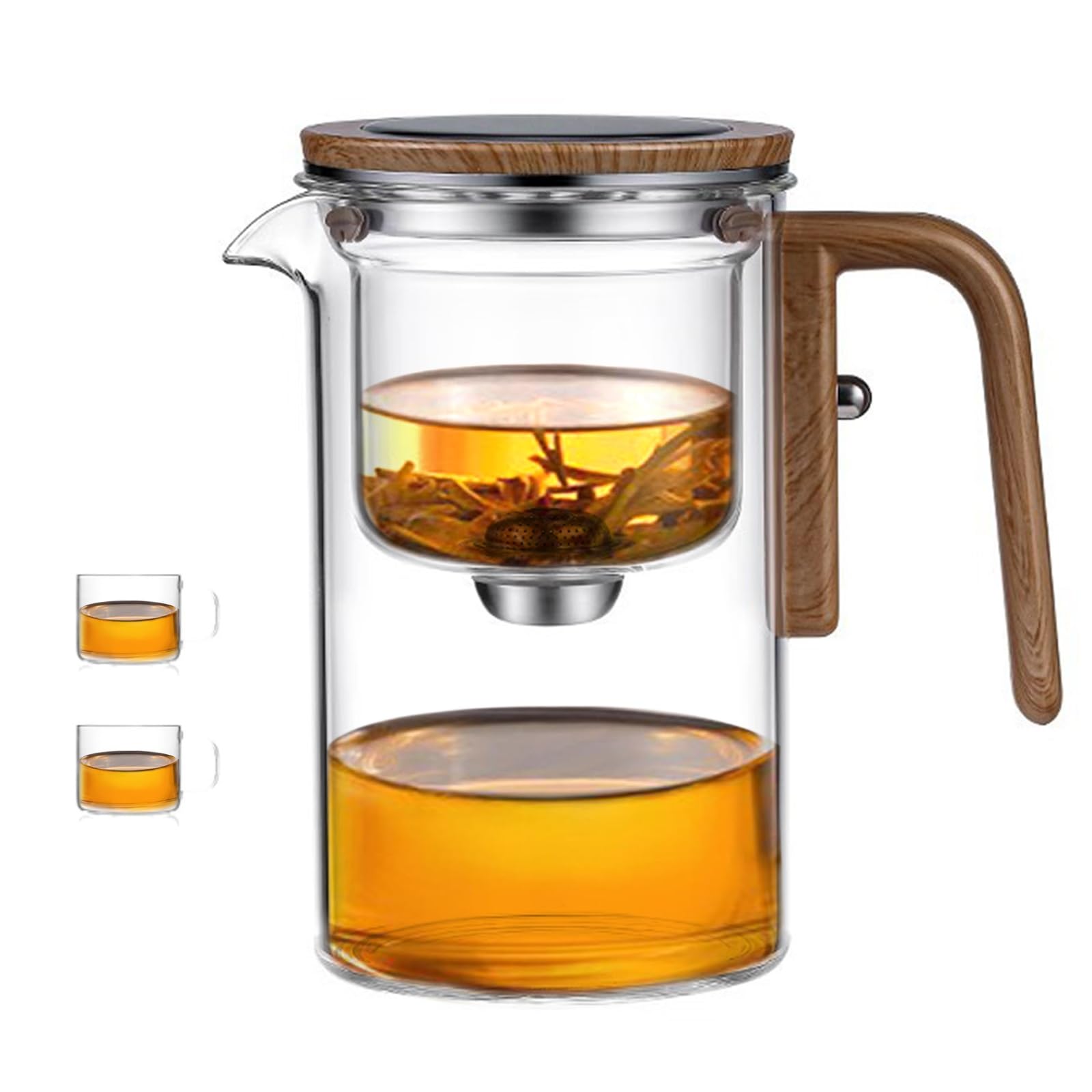 ハンドル付き水分離ガラスティーポット520/720ml マジカルティーポット（ティーカップ2個付き）フィルターティーポットインフューザー付きプレスコントロールティーポット248mlガラスライナ