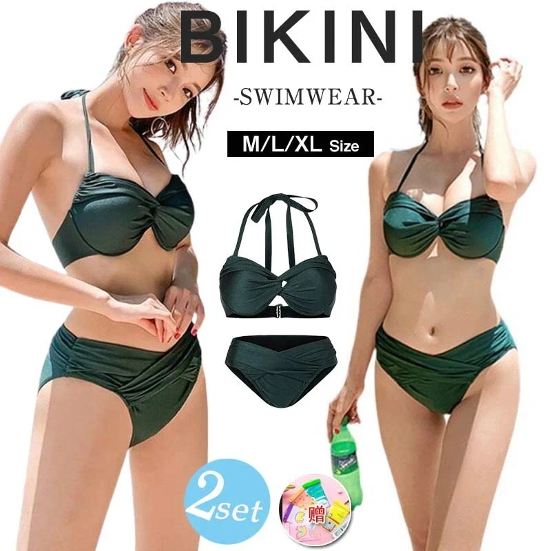 水着 レディース ビキニ 2点セット おしゃれ かわいい クロスバンド 無地 ブラ シンプル ショーツ ベーシック ナチュラル アースカラー 流行 20代 30代 40代 ママ水着