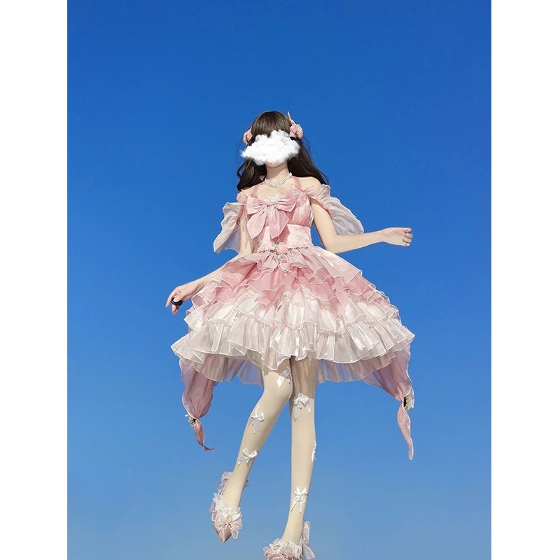 ロリータ ピンクの花柄ロリータドレス JSK ロリータ パフ プリンセスドレス