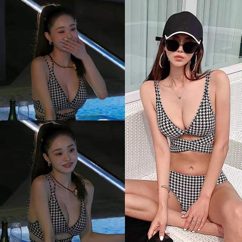ビキニ 千鳥格子 クロスストラップ 水着 セクシー 韓国風 バックリボン チェック 可愛い 韓国 プール トレンドスタイル 白 黒 キャミソール バレンタイン 2023 プレゼント