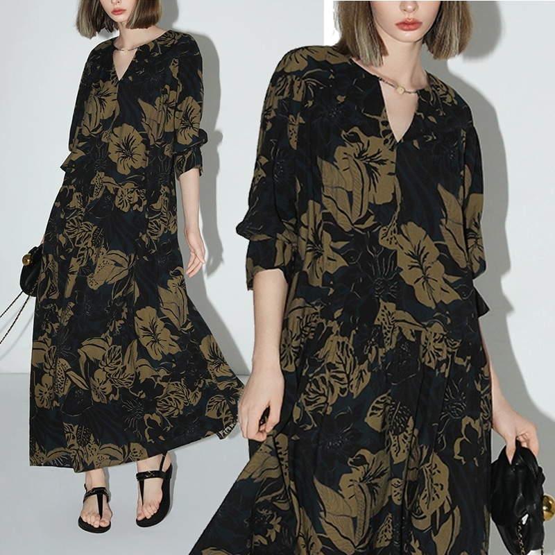 マキシ丈花柄大人可愛いフレアワンピース　24632