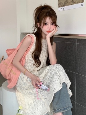 ワンピース 膝丈 ひざ丈 ノースリーブ バックスリット クロシェ 透け感 サマーニット かわいい 大人可愛い シンプル カジュアル 大人 おしゃれ お洒落 かっこいい 大人女子 こなれ感 抜け感 春