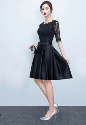 ドレス ショート丈 ミディアム丈 ロング丈 五分袖 ラウンドネック フレア Aライン