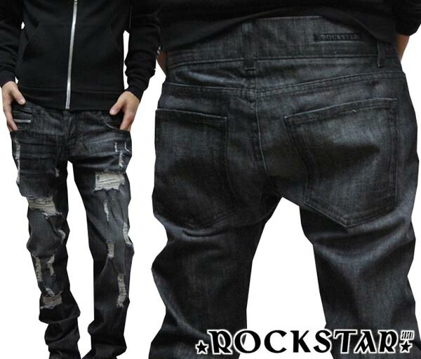 セール ロックスター メンズ バイカー デニム ROCKSTAR sushi Denim ブラック ジーンズ ローライズ スリム ストレート ダメージ パンツ クラッシュ インポート 海外 LAセ